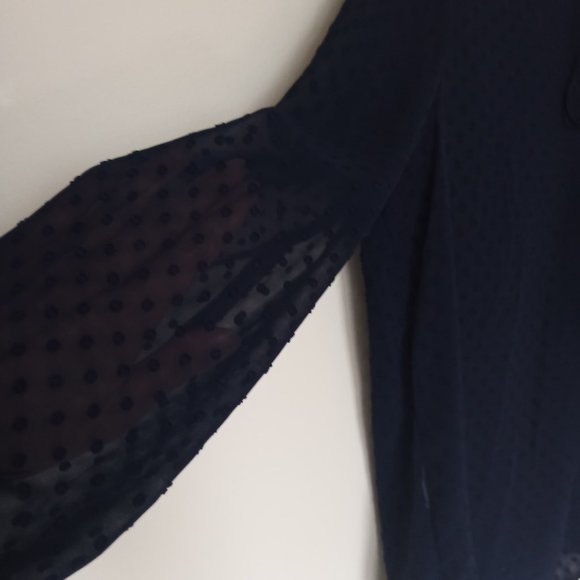 Mango Sheer Swiss Dot Ruffle Tie Blouse, Navy Blue , Size US6 - Picture 2 of 6